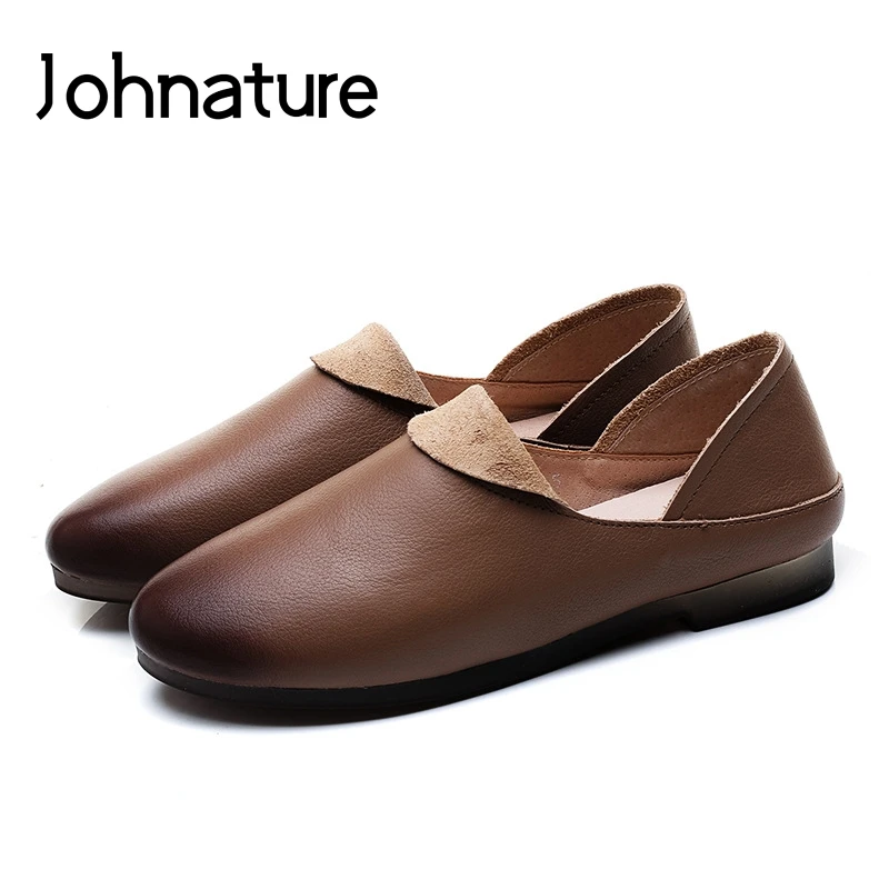 

Johnature 2019 New Spring/autumn Retro Handmade Genuine Leather Solid Round Toe Shallow Slip-on Women Flat Shoes Loafers