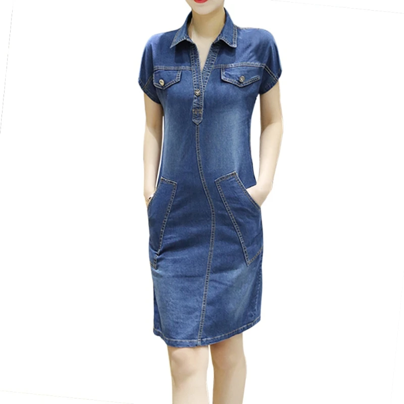 

Pockets Elegant Cowboy Fashion Denim dress Women Vintage Turn-down Collar Jeans Dresses Plus Size 4XL for Women