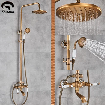 

Antique Brass Bathroom Shower Set Faucet With Commodity Shelf And Hangers Mixer Tap 8" Rainfall head Dual Handles Wall Mounted