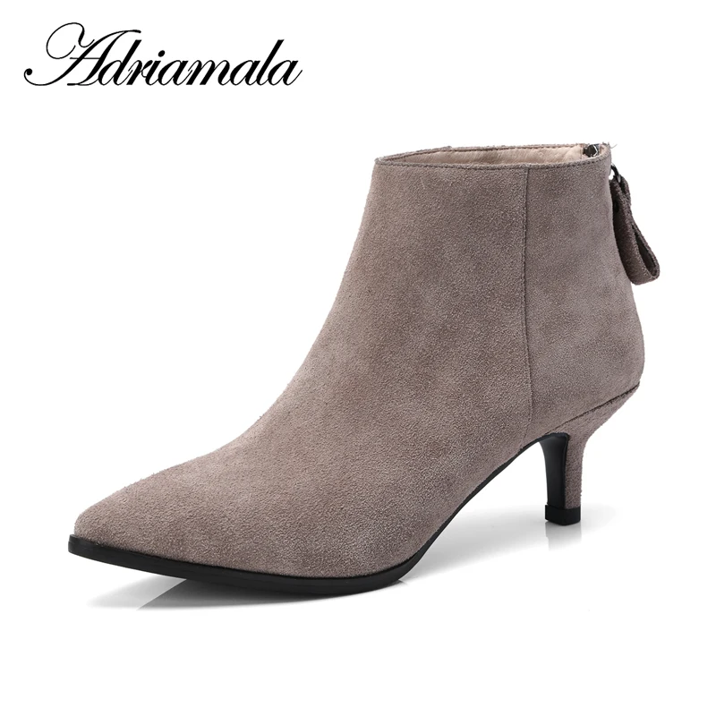

2018 Cow Suede Ladies High Heel Boots Zip Pointed Toe Thin Heels Zipper New Motorcycle Ankle Boots Women Fashion Adriamala