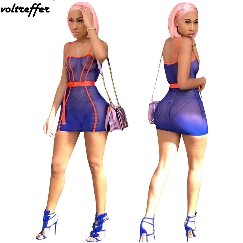

Mesh Bandage Dress With Belt Patchwork Spaghetti Strap Sexy Club Dresses Mini Perspective Ropa Mujer Summer Midi Nightwear 2018