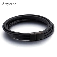 

Hot Sale 11MM Wide Stainless Steel Men Bracelet Multilayer Black Genuine Leather Mens Punk Rock Bracelets & Bangles