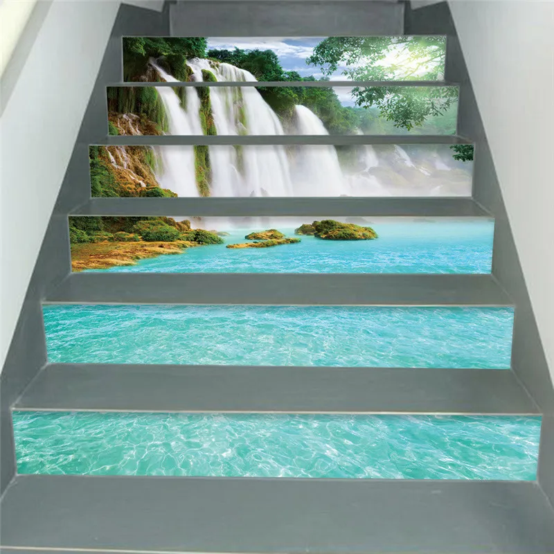 

v3D Stair Wall Stickers Waterfall running water pattern print DIY Steps Sticker Removable Stair Sticker Home Deroration 2019
