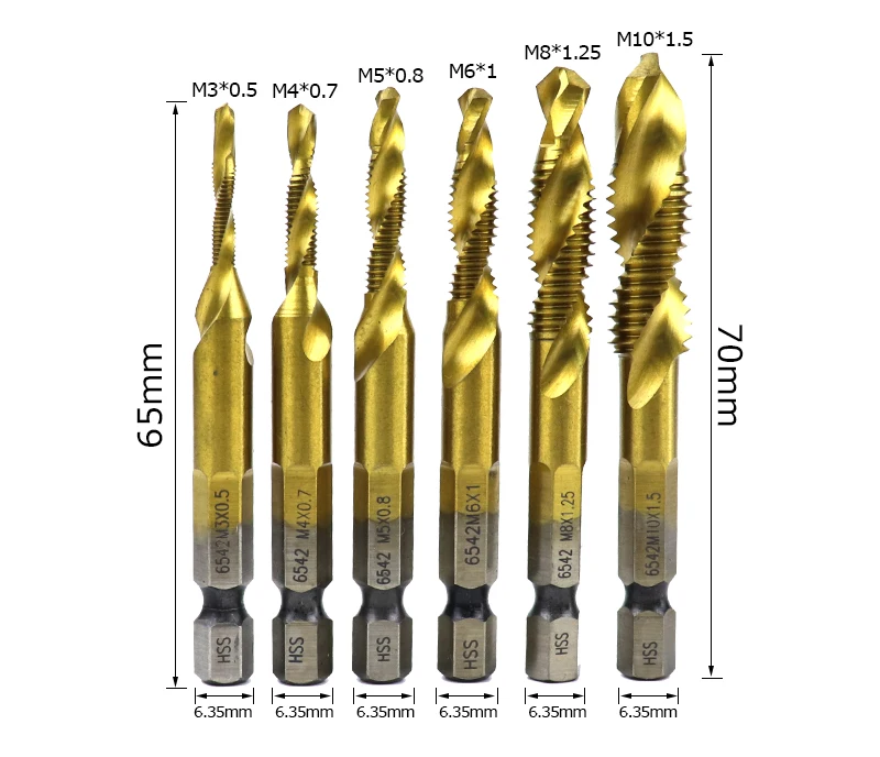 M3-M10 сверла с винтовым краном, HSS метрические метчики для станков, набор 1/4 ''с шестигранным хвостовиком, ручной резьбовой кран, Деревообрабатывающие инструменты, 6 шт