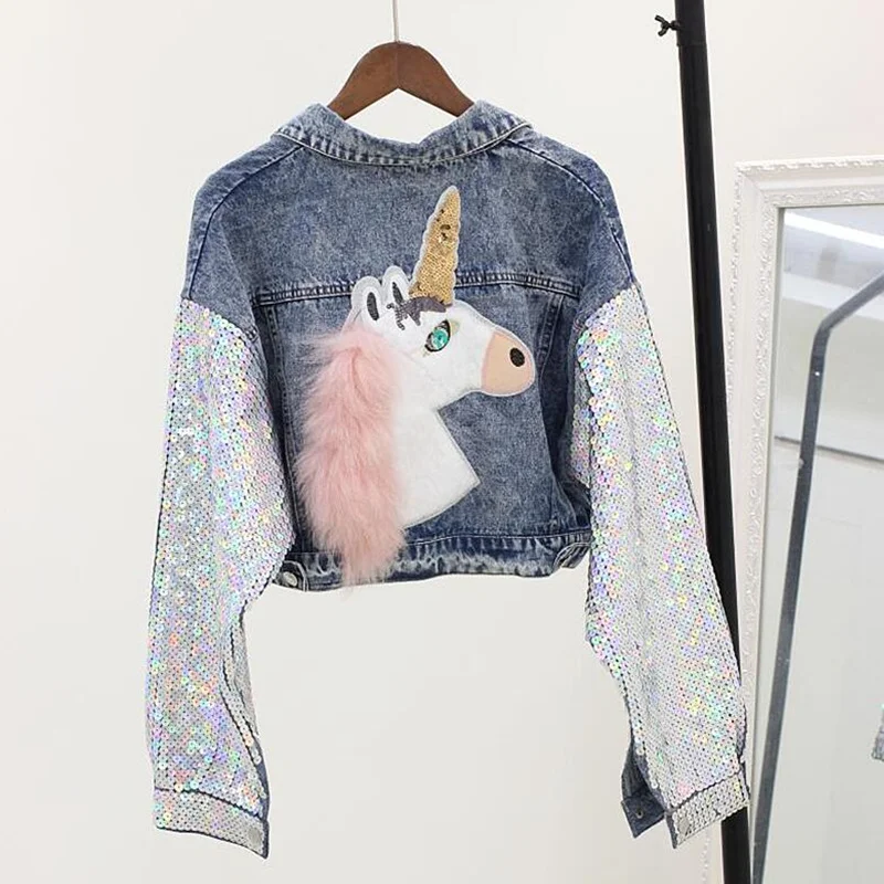 

2018 Women Sequined Long Sleeve Jacket Coats Print Cartoon Pattern Single Breasted Denim Jackets Outwear for Female Woman