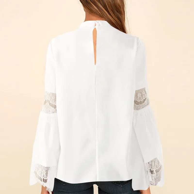 ZANZEA Plus Size Women Blouse Autumn Ladies Long Flare Sleeve Hollow Out V Neck Choker Keyhole Pullover Blouse Solid Sexy Shirt
