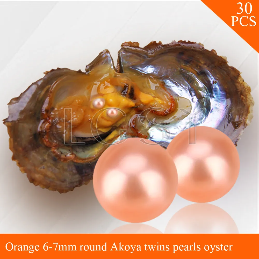 

LGSY FREE SHIPPING Bead Orange 6-7mm round Akoya twin pearls in oysters with vacuum package for women jewelry making 30pcs