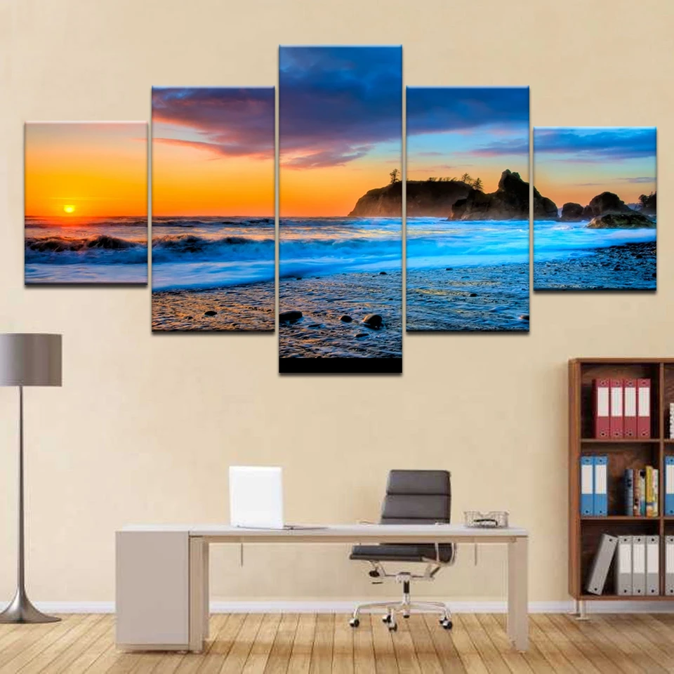 

5 Panel Sunset Blue Sea Wave Seascape Painting Canvas Wall Art Picture Home Decor Living Room Canvas Print Modern Painting