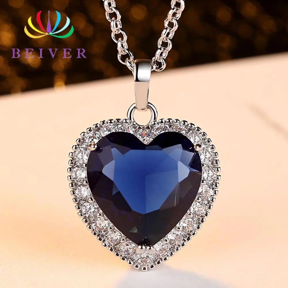 Beiver Сердце Океана ожерелья для женщин синий AAA CZ Серебряная цепочка высокое качество Подвески модные свадебные украшения