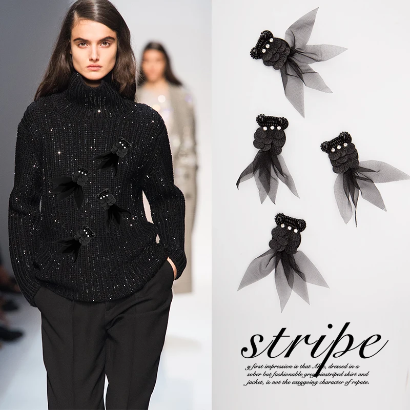 

1Pc Black fish rhinestones bead brooch patches applique vintage crystal fabric sew on patch clothing bags decoration RP162