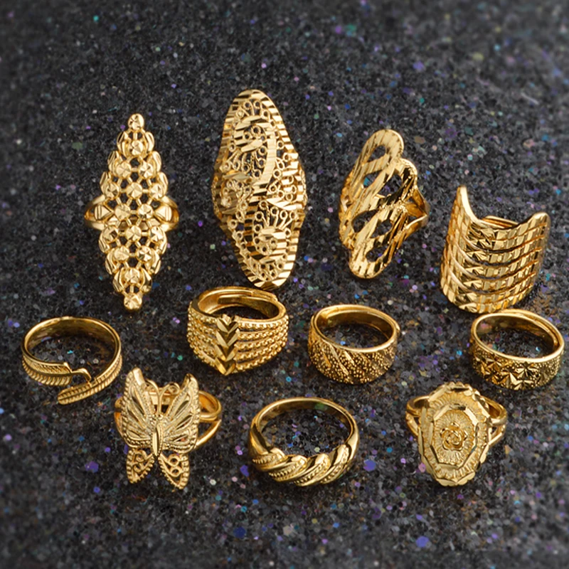 

11 Styles! Newest Wedding Engagement Anniversary Rings for Women Men 24K Gold Color Ring Butterfly Flower Bridal African Jewelry