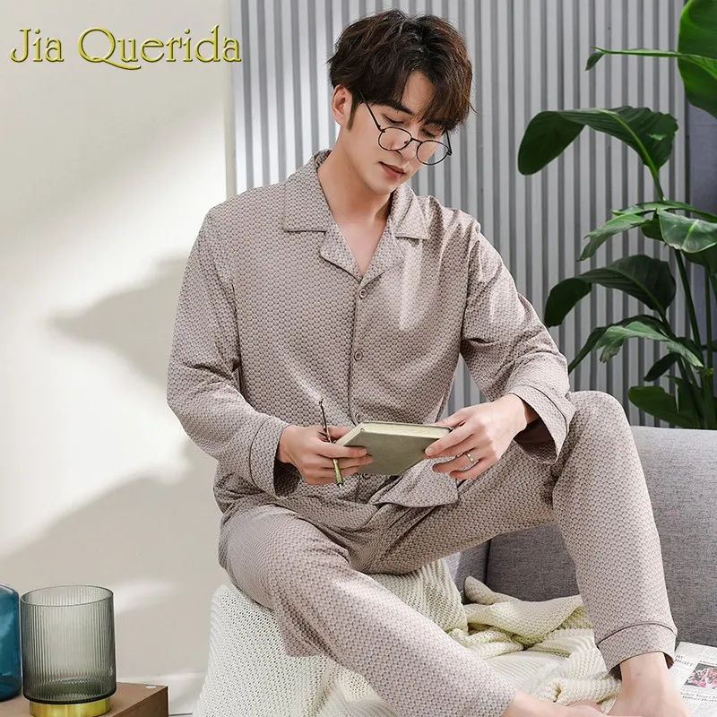 

J&Q Pyjama Homme 2019 Spring New 100% Cotton Plus Size Men Lapel Cardigan Button Pyjama Homme Long Sleeves Coton Pijama For Men