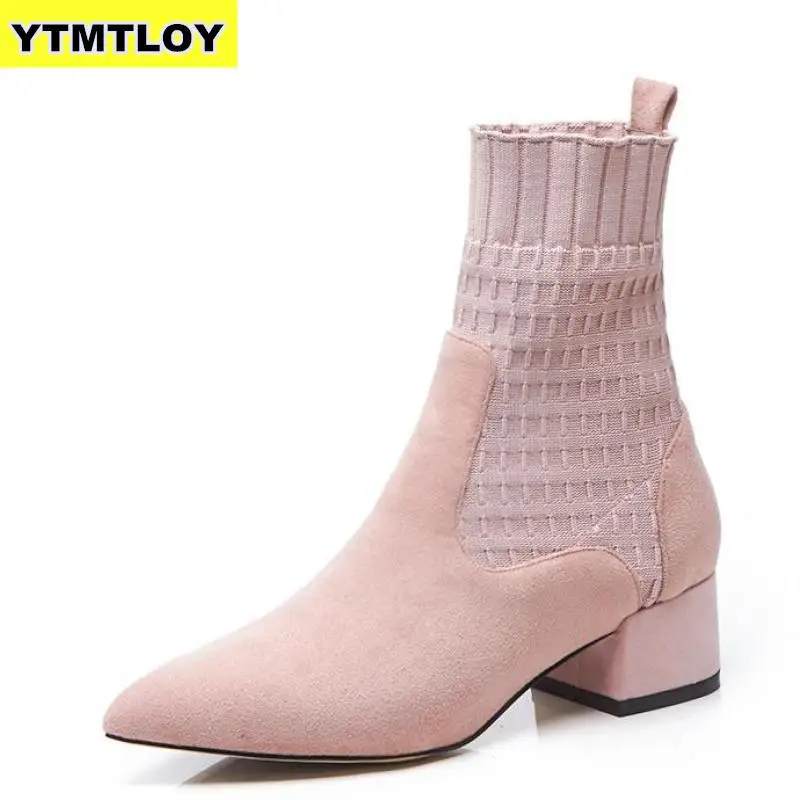 HOT Women's Boots Pointed Toe Yarn Elastic Thick Heel High Heels Shoes
Woman Female Socks knitting Ankle Boots Pink Shoes Black