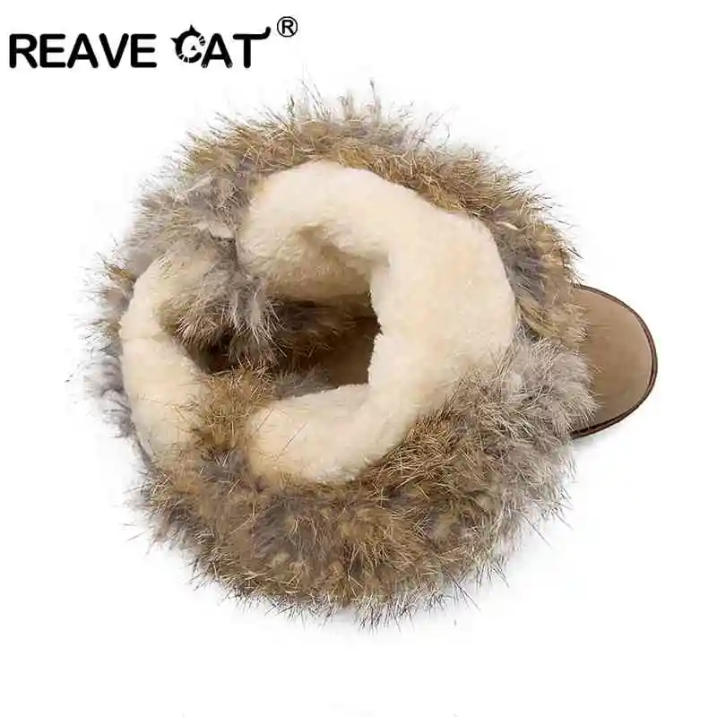 REAVE CAT/Размеры 34–43 Для женщин до середины икры ботинки на плоской подошве с густым мехом и с перекрестными ремешками Женские короткие сапоги теплые зимние сапоги женские стопы A090