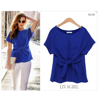 

GUMPRUN 2019 New Women O-Neck Plus Size Chiffon Shirt Summer Short Sleeve Rose Red white Bow Casual Womens Office Blouse