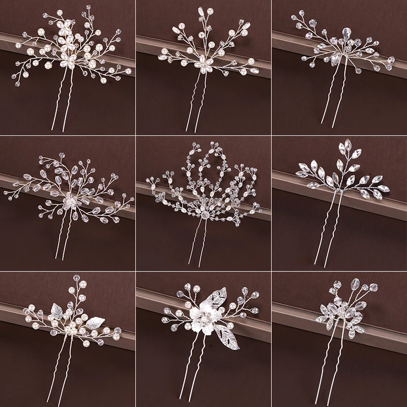 

Fashion Silver Design Head Jewelry Pearls Rhinestone Hairpins Sticks Crystal Bridal Hair Accessories Women Wedding Hair Clips