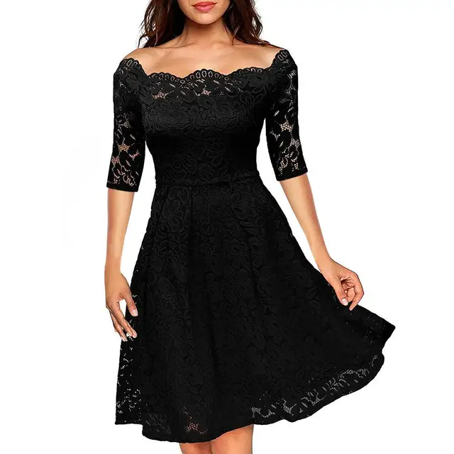 Younrui Women 1950s Vintage Sexy Lace Swing Dress Summer Elegant Black