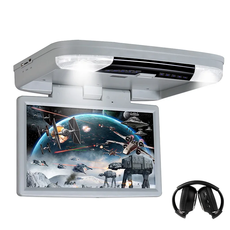 Grey with headphone 15,6 дюймов Автомобильный монитор крыши MP5 плеер HD 1080P видео с HDMI портом USB SD встроенный ИК/FM передатчик потолочный телевизионный для автомобиля - Цвет: Grey with headphone