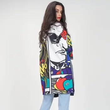 

2020 New Spring Denim Jacket Women Lapel back Graffiti Print Stitching Cowboy Split Joint Loose Long Plus Size Coat Fashion Tide