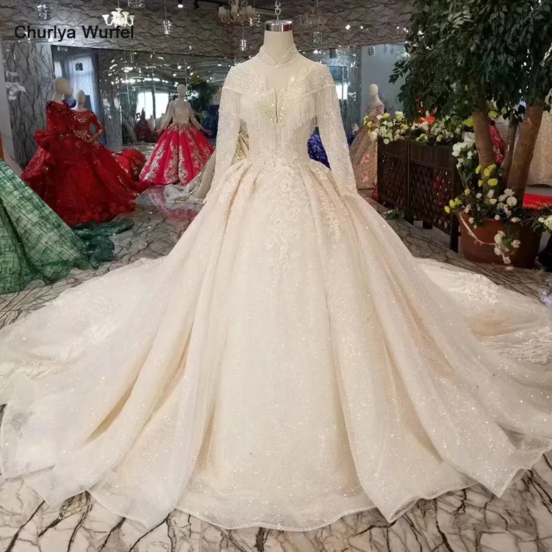 LSS484 мусульманские свадебные платья с кисточками Чистый высокий вырез длинный Тюль рукав расшитое бисером свадебное платье с длинным шлейфом Новая мода