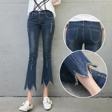 Женские джинсы летние дикие девять брюки новые брюки асимметричный подол тонкий микро-рог женская одежда