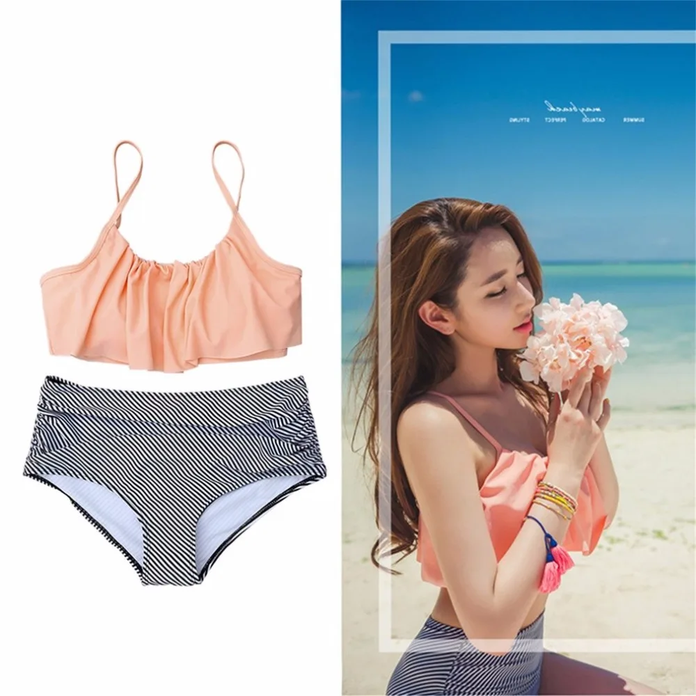 

High Waist Triangular Women Girl Female Bikini Ruffle Swimwear Summer Beach Swimsuit Striped Bottom Bathing Suit Hot Sales