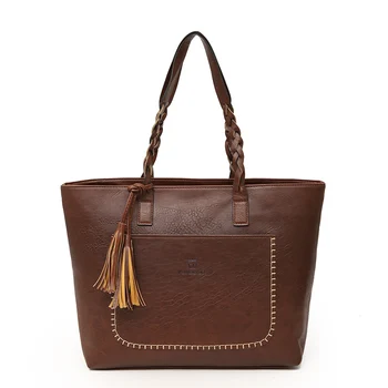 

Factory Direct Sales 2018 Vintage Tassel Bags Women Handbag PU Leather Shoulder Bags Designer Big shopping bag High Quality