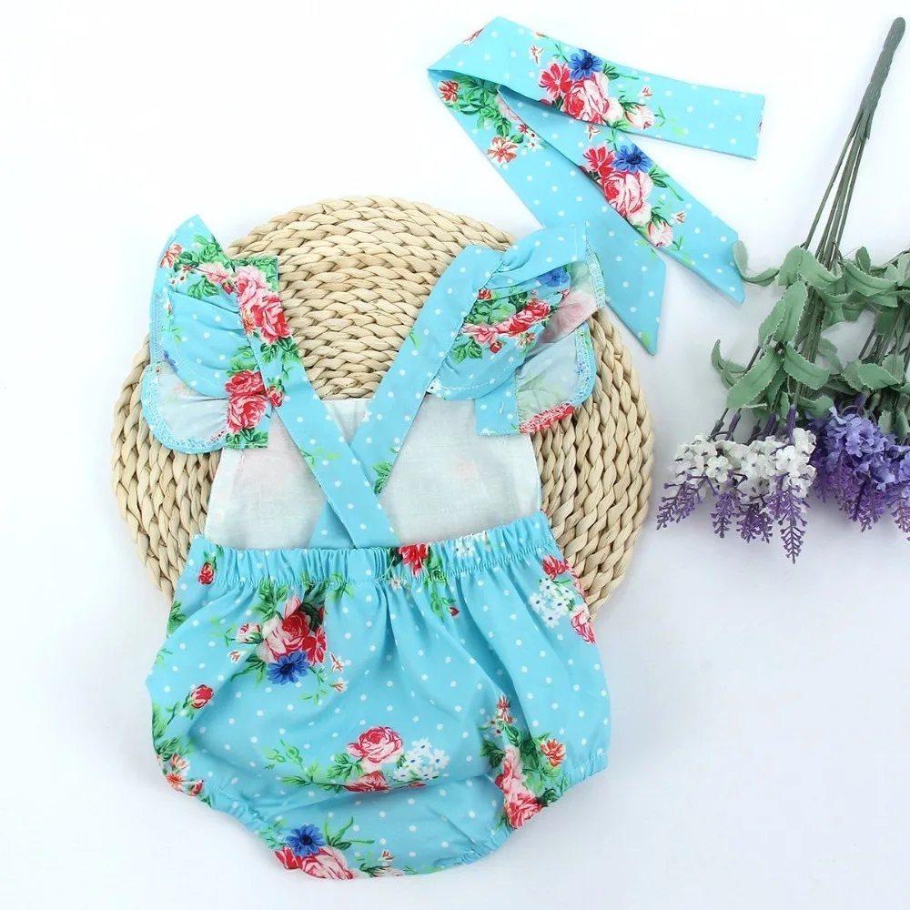 Newborn Baby Girls Clothes Tops Flower Jumpsuit Bodysuit Short Sleeve Flower Headband 2pcs Outfits Baby Girl 0-18M