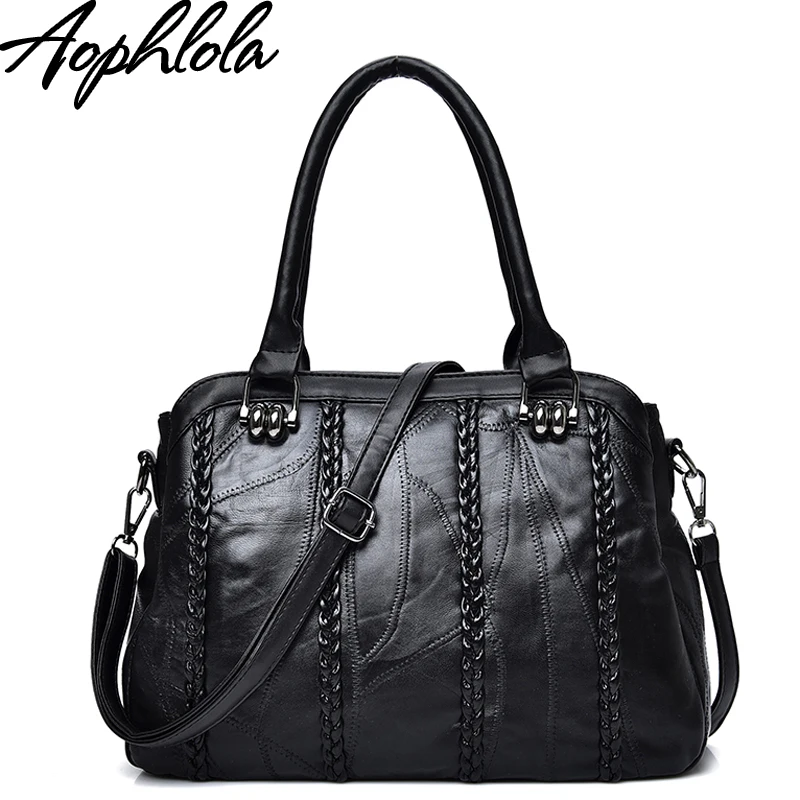 Aophlola Fashion Genuine Leather Handbag Women&#39;s Weave Black Sheepskin Leather Tote Bag Bolsas ...