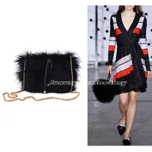 Designer Black Fluffy Feather Clutch Genuine Leather Fur Bag Purse Runway Bag