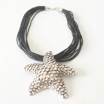

new fashion multi-layers black PU cord starfish star alloy lobster clasp necklace for women