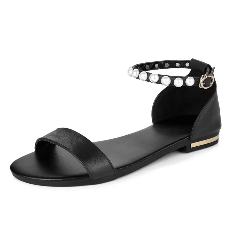Black(Leather) Fanyuan/летние сандалии-гладиаторы для женщин, большие размеры 33-46, сандалии с пряжкой, женские туфли на плоской подошве с открытым носком и жемчугом, модельные туфли из натуральной кожи - Цвет: Black(Leather)