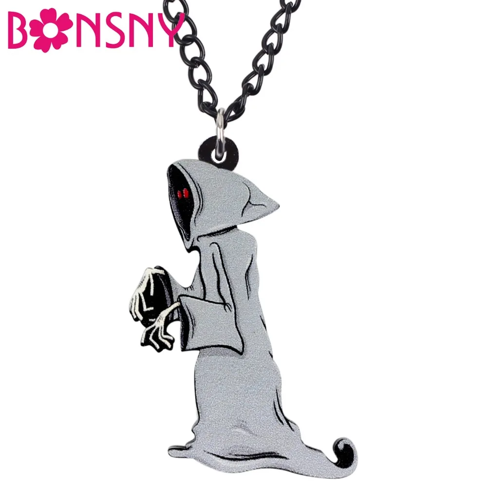 

Bonsny Acrylic Halloween Grey Ghost Skull Necklace Pendant Chain Choker Punk Decoration Jewelry For Women Girls Teens Wholesale