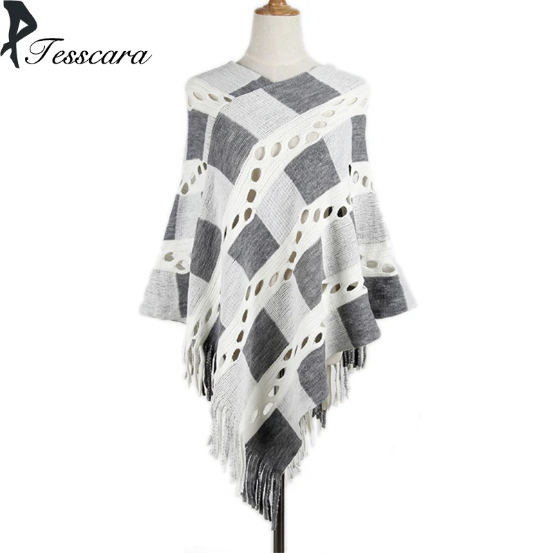 Women Autumn Knitting Poncho Cotton Shrug Pullover Sweater Female 2018 Plaid Hole Tassel Jumper Oversize Sweaters Causal Outwear |