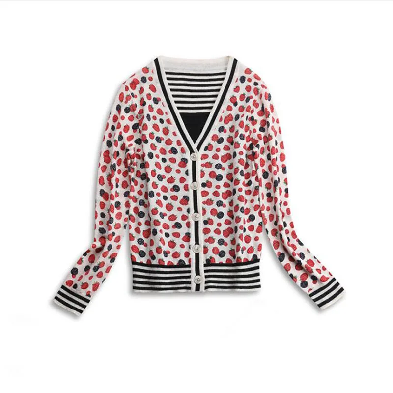 

European and American women's wear 2017 Autumn new Strawberry pattern V collar button knitted Wool sweater cardigan