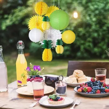 

Tropical Hawaiian Party Decoration Set Pineapple Honeycomb Paper Ball Lantern Fan Set Beach Carnival Day Background Decoration