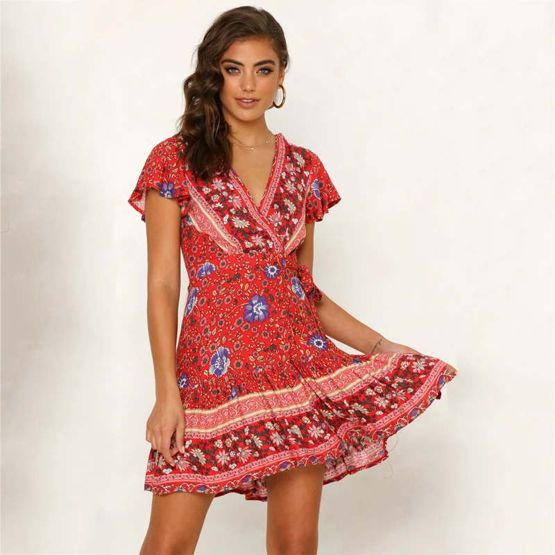 

Summer Women Boho Dress Casual Deep V Neck Flower Party Beach Dress Sundress Women Ladies Clothing Dresses