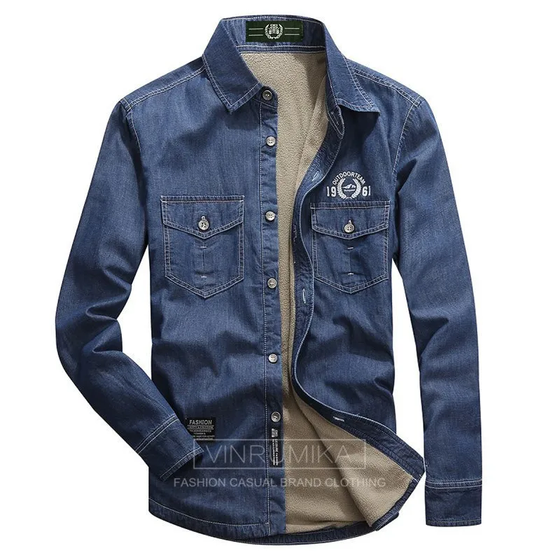 Большой размер, M-5XL, Мужская зимняя плотная ковбойская рубашка с длинным рукавом, мужская повседневная брендовая рубашка из хлопка, afs jeep, джинсовая синяя флисовая рубашка