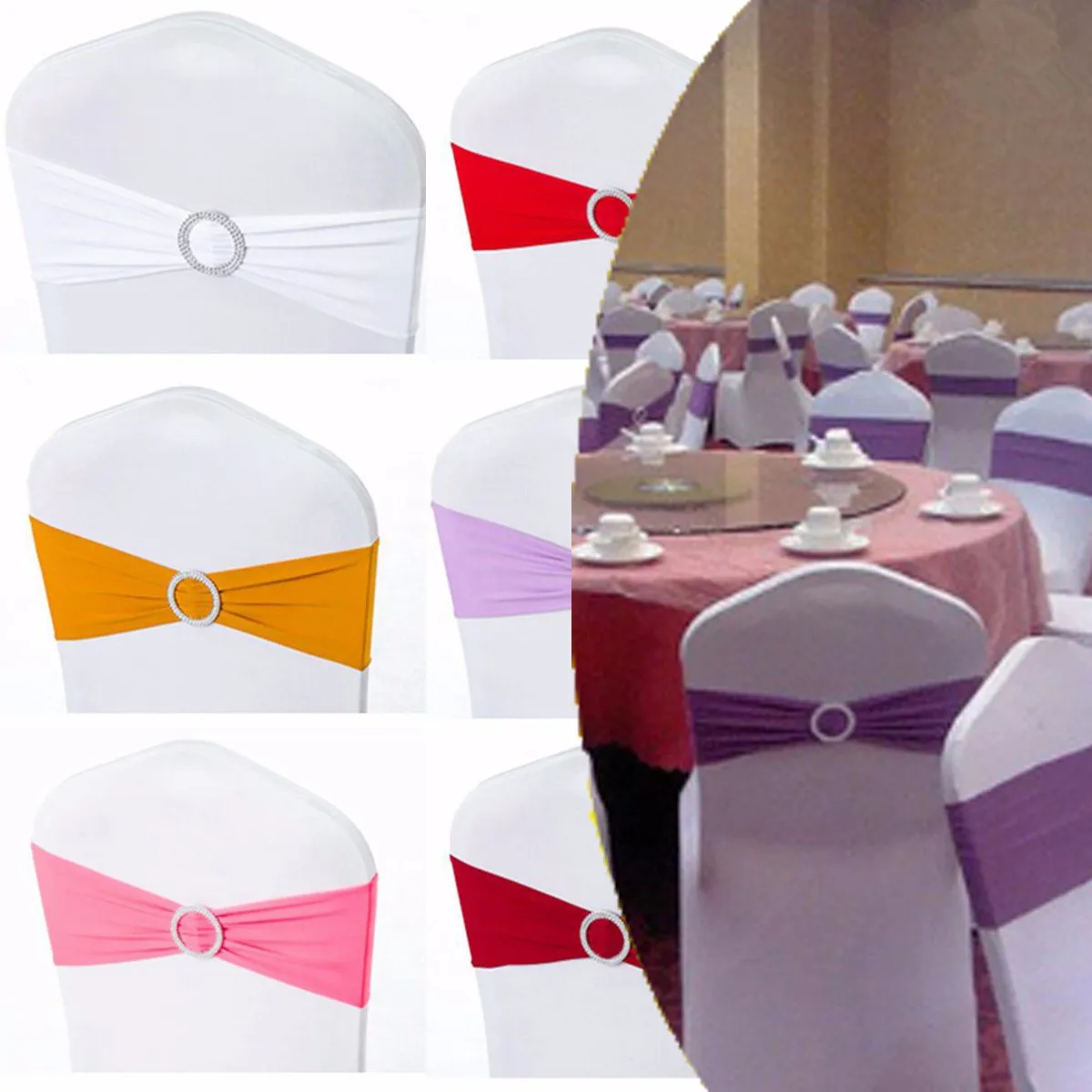 

50Pcs Spandex Stretch Wedding Party Chair Cover Chair Decor Sashes With Buckle Bow Slider for hotels restaurants wedding banquet