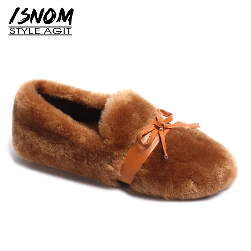 

ISNOM Shearling Women Flats Round Toe Footwear Fashion Casual Female Loafers Shoes Butterfly Knot Shoes Woman 2019 New Spring