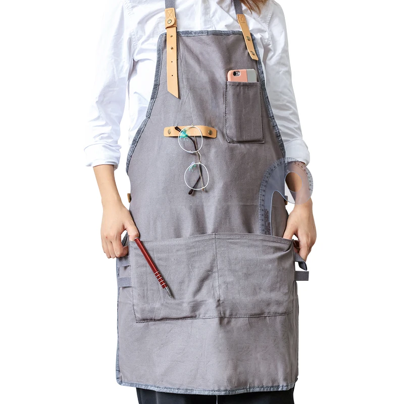 Image BBQ Creative Senior cotton Apron Bib Leather Straps Kitchen apron for Women Men cooking Restaurant Waitress aprons with pockets