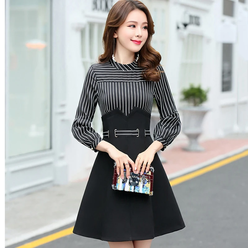 Lady Patchwork Nw1171 O Striped Office Black 2019 orange Dress Women neck Mini Tide New Fashion Spring line yellow A 4Zn11WvX