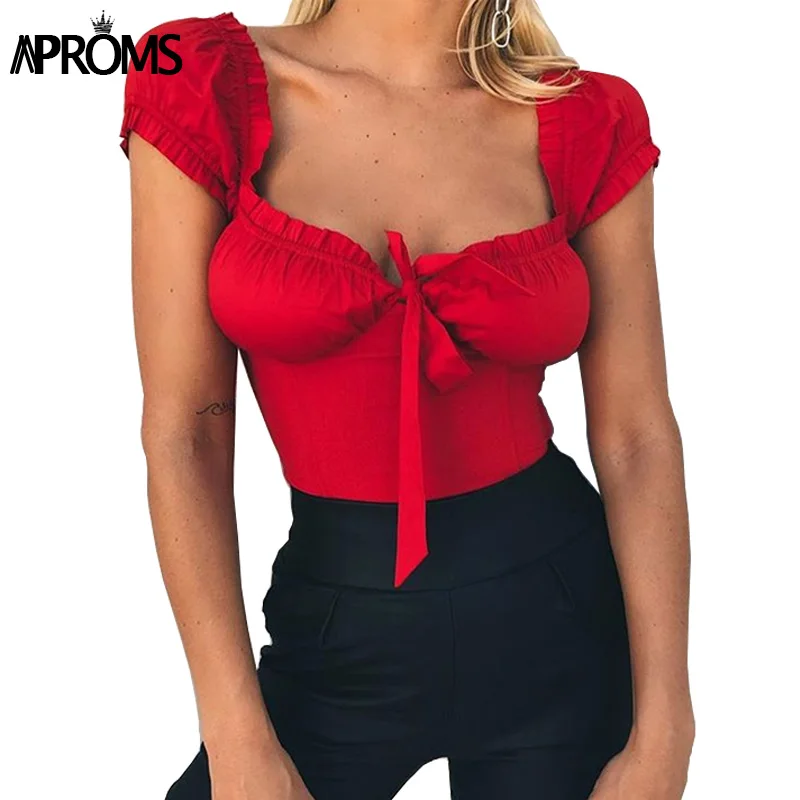 Prezzo Aproms Bianco Off Spalla Sottile Camicetta Donne casual Manica Corta Bow Tie del Bicchierino di Estate Delle Signore Della Camicia Streetwear Crop Top 2019 blusa