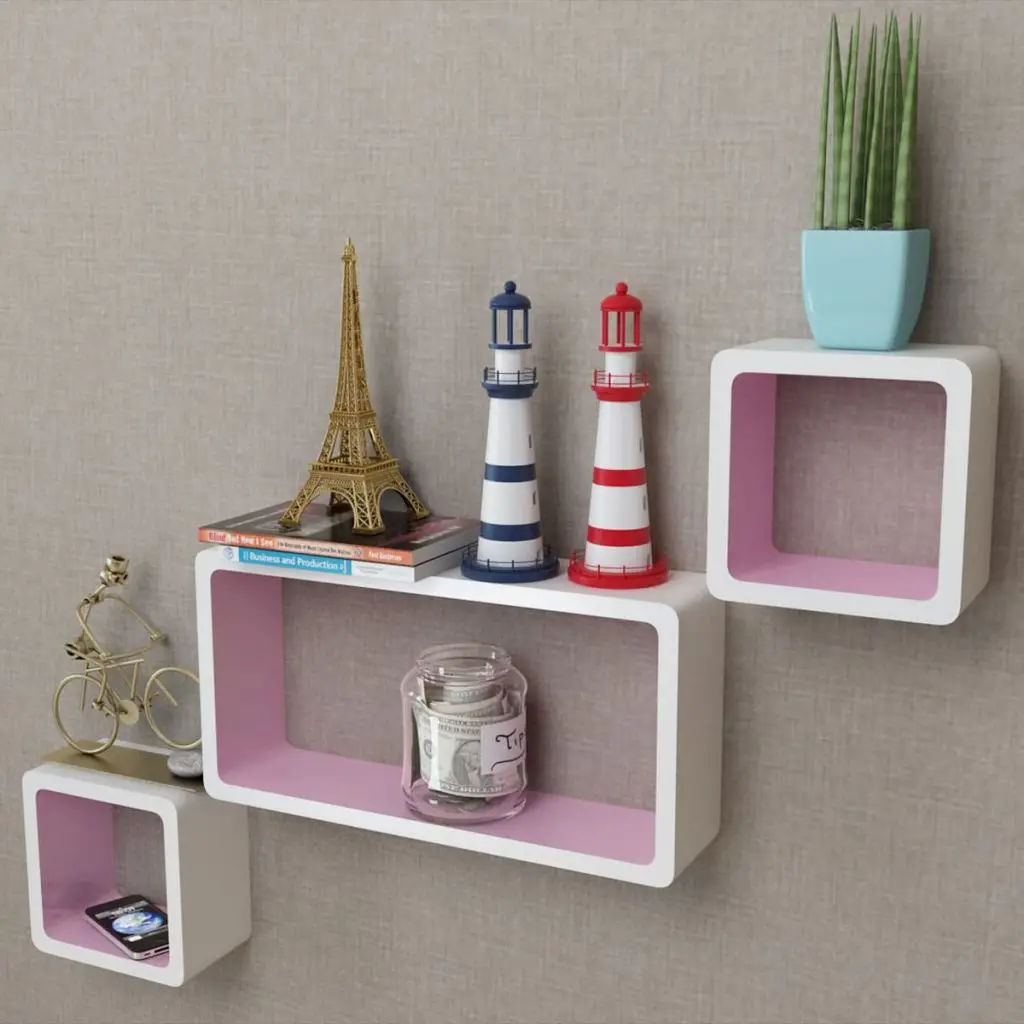 Vidaxl 3 White Pink Mdf Floating Wall Display Shelf Cubes Book Dvd