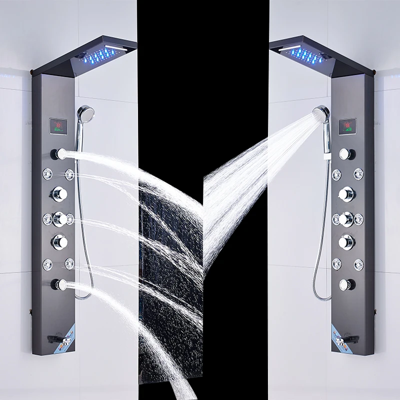Quyanre black Shower Faucet Set LED Rainfall Waterfall Shower Panel Massage Jets Temperature Screen Three Handles Bathroom Shower massage jets
