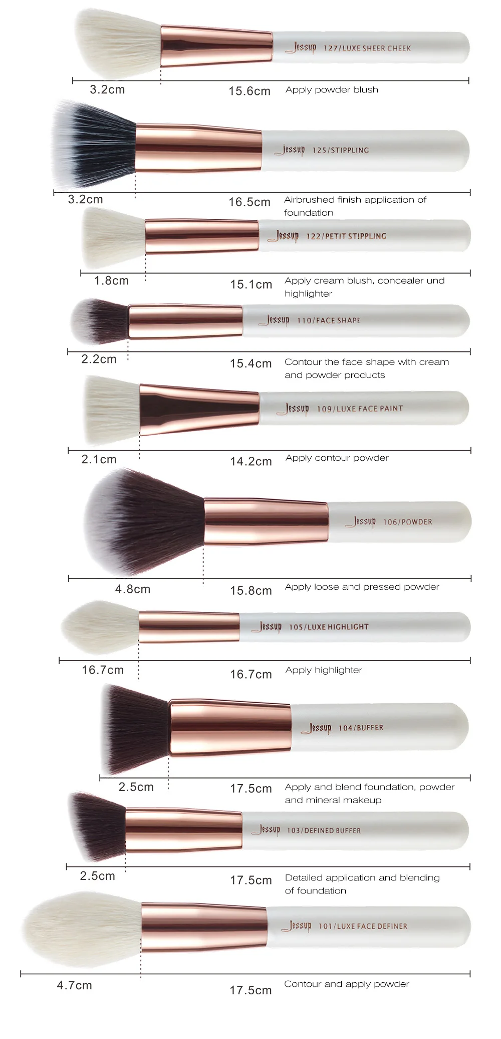 Jessup кисти жемчужно-белый/розовое золото кисти для макияжа Набор Professional beauty Make up brush натуральные волосы Тональная основа рассыпчатые румяна