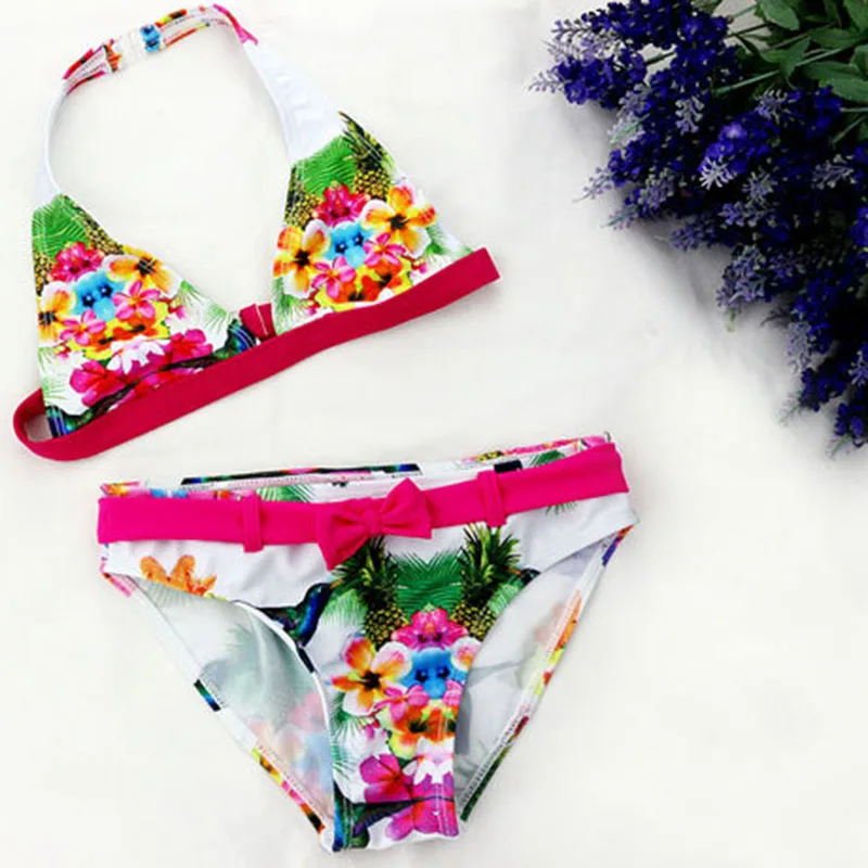 FAVSPORTS Summer Girls Swimwear 2Pcs Kids Girls Halter Ruffles Swimwear Print Swimsuit Briefs Beachwear Bathing Suits
