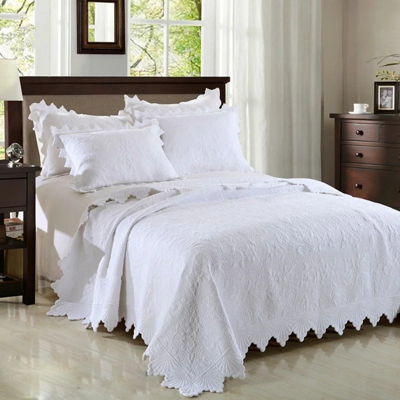 Premium Quality Pure White Embroidery Quilted Bedspread 3pcs Cotton