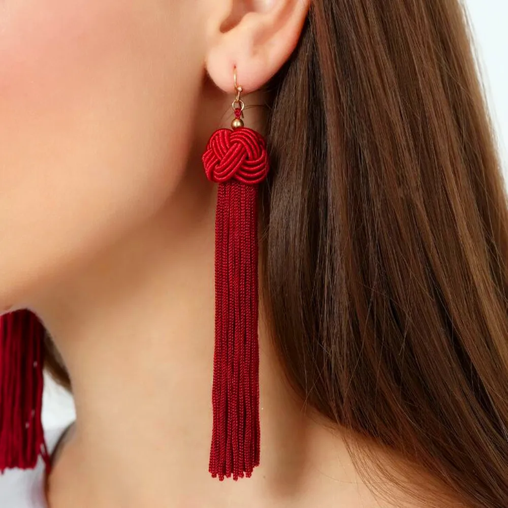 

Bohemian Handmade Weave Round Ball Tassel Earrings Multi Color Silk Fabric Long Drop Dangle Tassel Earrings For Women Jewelry