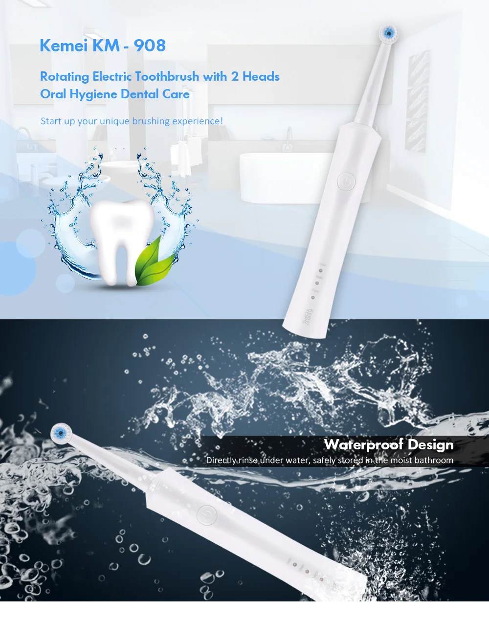 KM - 908 Waterproof Rechargeable Electric Toothbrush with 2 Heads Oral Hygiene Dental Care for Kids Adults